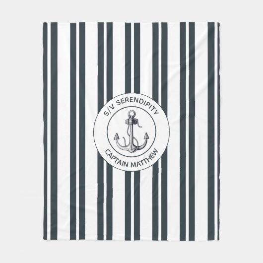 Nautical Boat Captain Name Anchor Blue White Fleece Deken (Voorkant)