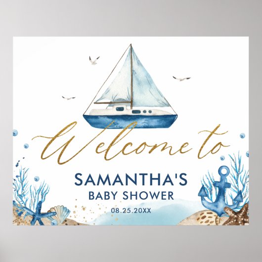 Nautical Boat Hampton Gold Baby shower Welkom Poster (Voorkant)