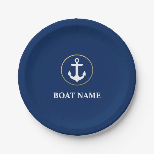 Nautical Boat Name Anchor Blue Gold Papieren Bordje (Voorkant)