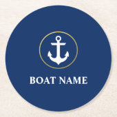 Nautical Boat Name Anchor Blue Gold Ronde Kartonnen Onderzetter (Voorkant)