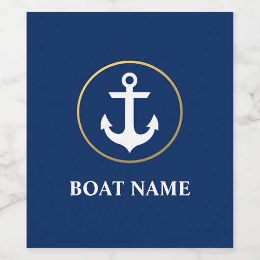 Nautical Boat Name Anchor Blue Gold Wijn Etiket (Enkel label)