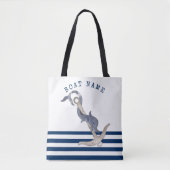 Nautical Boat Name,Anchor Dolphin Blue Striped Tote Bag (Voorkant)
