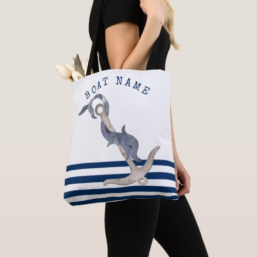 Nautical Boat Name,Anchor Dolphin Blue Striped Tote Bag (Dichtbij)