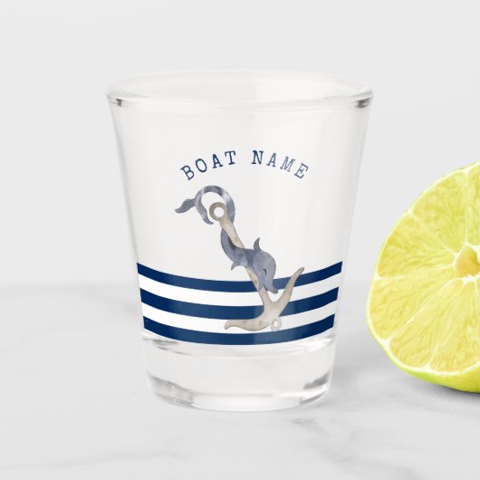 Nautical Boat Name,Anchor Dolphin Navy Blue Shot Glas (Voorkant)