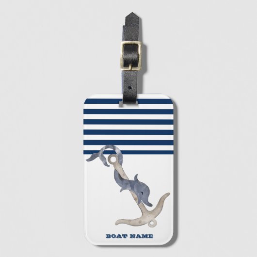 Nautical Boat Name,Anchor Dolphin Navy Blue Stripe Bagagelabel (Voorkant (verticaal))