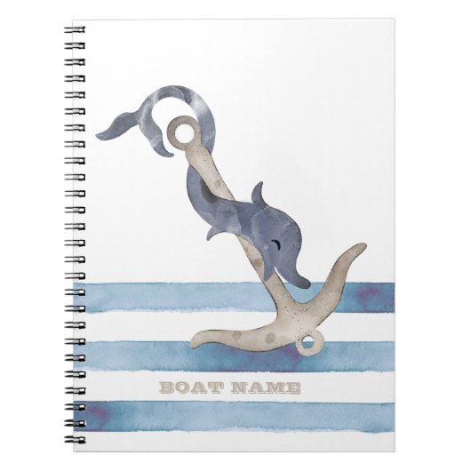 Nautical Boat Name,Anchor Dolphin Stripes Notitieboek (Voorkant)