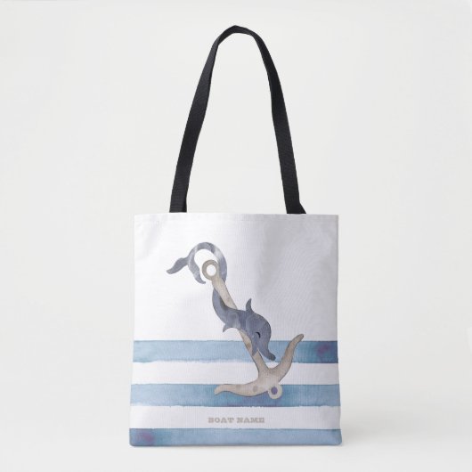 Nautical Boat Name,Anchor Dolphin Stripes Tote Bag (Voorkant)