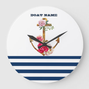 Nautical Boat Name,Anchor,Floral Navy Blue Stripes Grote Klok