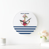 Nautical Boat Name,Anchor,Floral Navy Blue Stripes Grote Klok (Huis)