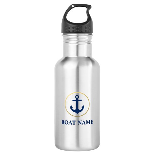 Nautical boat Name Anchor Navy Blue Gold Waterfles (Voorkant)