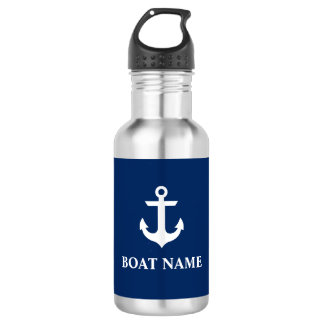Nautical Boat Name Anchor Navy Blue Stnls Waterfles