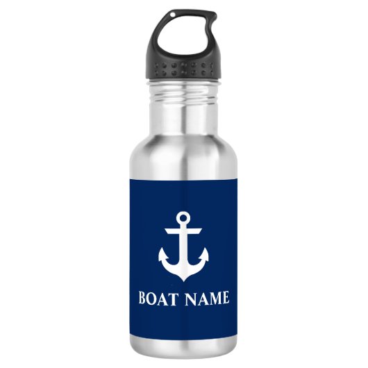 Nautical Boat Name Anchor Navy Blue Stnls Waterfles (Voorkant)