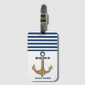Nautical Boat Name, Anchor Navy Blue Stripe Bagagelabel (Voorkant (verticaal))