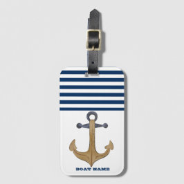 Nautical Boat Name, Anchor Navy Blue Stripe Bagagelabel