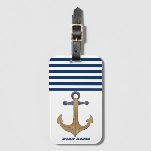 Nautical Boat Name, Anchor Navy Blue Stripe Bagagelabel (Voorkant (verticaal))