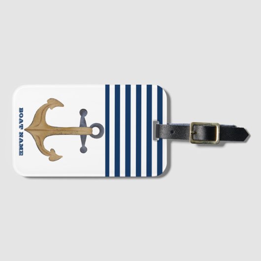 Nautical Boat Name, Anchor Navy Blue Stripe Bagagelabel (Voorkant (horizontaal))