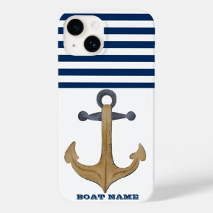 Nautical Boat Name, Anchor Navy Blue Stripe Case-Mate iPhone 14 Hoesje