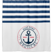 Nautical, Boat Name, Anchor Navy Blue Stripe Douchegordijn (Voorkant)