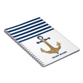 Nautical Boat Name, Anchor Navy Blue Stripe Notitieboek (Rechterzijde)