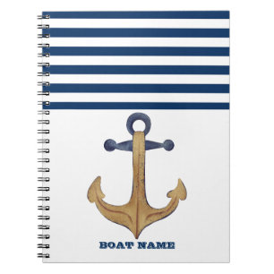 Nautical Boat Name, Anchor Navy Blue Stripe Notitieboek