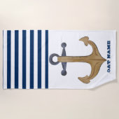Nautical Boat Name, Anchor Navy Blue Stripe Strandlaken (Voorkant)