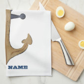 Nautical Boat Name, Anchor Navy Blue Stripe Theedoek (Quarter Fold)