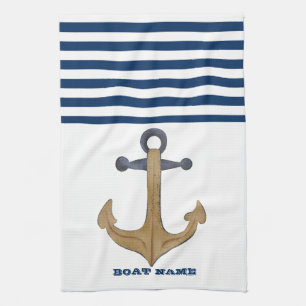 Nautical Boat Name, Anchor Navy Blue Stripe Theedoek