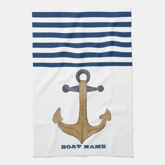 Nautical Boat Name, Anchor Navy Blue Stripe Theedoek (Verticaal)