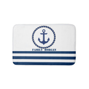 Nautical Boat Name,Anchor Navy Blue Striped Badmat