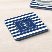 Nautical boat Name Anchor Navy Blue Striped Bier Onderzetter (Linkerzijde)