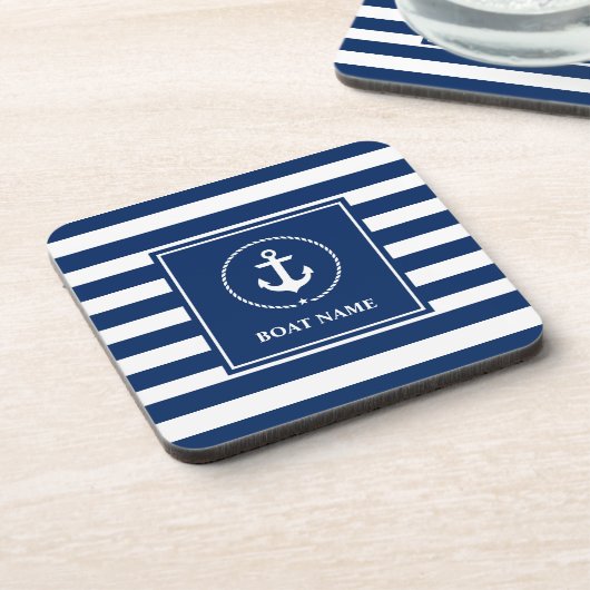 Nautical boat Name Anchor Navy Blue Striped Bier Onderzetter (Linkerzijde)