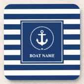 Nautical boat Name Anchor Navy Blue Striped Bier Onderzetter (Voorkant)