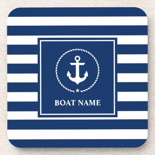 Nautical boat Name Anchor Navy Blue Striped Bier Onderzetter (Voorkant)