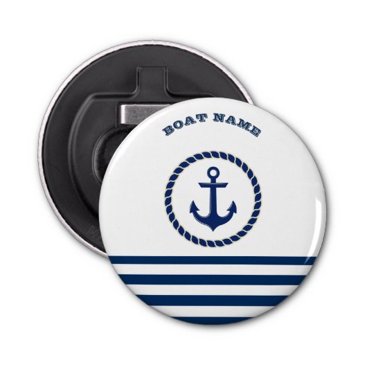 Nautical Boat Name,Anchor Navy Blue Striped Button Flesopener (Voorkant)