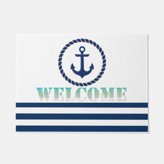 Nautical Boat Name,Anchor Navy Blue Striped Deurmat (Voorkant)