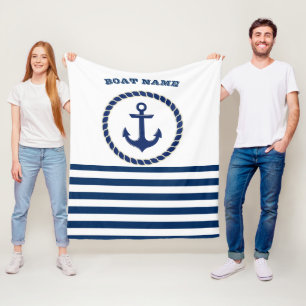 Nautical Boat Name,Anchor Navy Blue Striped Fleece Deken