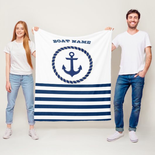 Nautical Boat Name,Anchor Navy Blue Striped Fleece Deken (In situ)