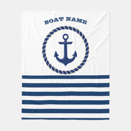 Nautical Boat Name,Anchor Navy Blue Striped Fleece Deken (Voorkant)