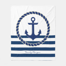 Nautical Boat Name,Anchor Navy Blue Striped Fleece Deken