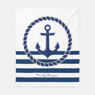 Nautical Boat Name,Anchor Navy Blue Striped Fleece Deken