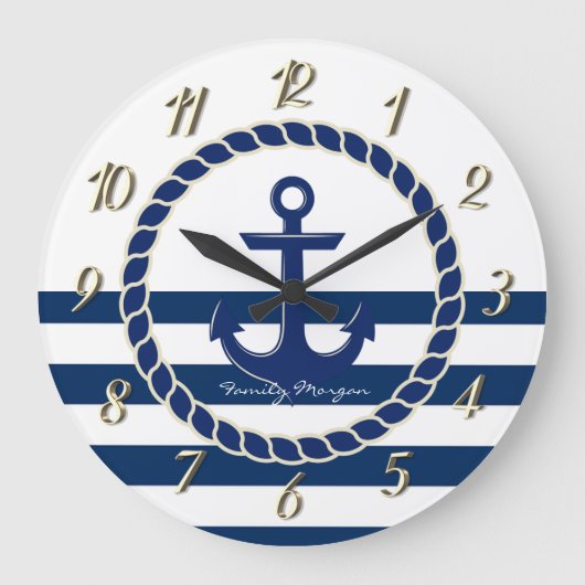 Nautical Boat Name,Anchor Navy Blue Striped Grote Klok (Voorkant)