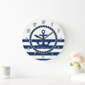 Nautical Boat Name,Anchor Navy Blue Striped Grote Klok (Huis)