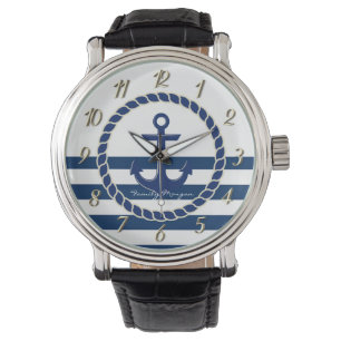Nautical Boat Name,Anchor Navy Blue Striped Horloge