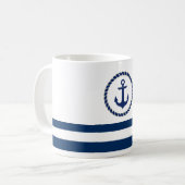 Nautical Boat Name,Anchor Navy Blue Striped Koffiemok (Voorkant links)