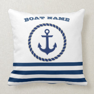 Nautical Boat Name,Anchor Navy Blue Striped Kussen