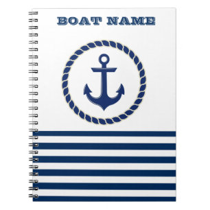 Nautical Boat Name,Anchor Navy Blue Striped Notitieboek