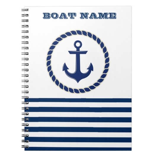 Nautical Boat Name,Anchor Navy Blue Striped Notitieboek (Voorkant)