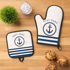 Nautical Boat Name,Anchor Navy Blue Striped Ovenwant & Pannenlap Set