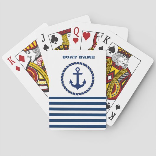 Nautical Boat Name,Anchor Navy Blue Striped Pokerkaarten (Achterkant)