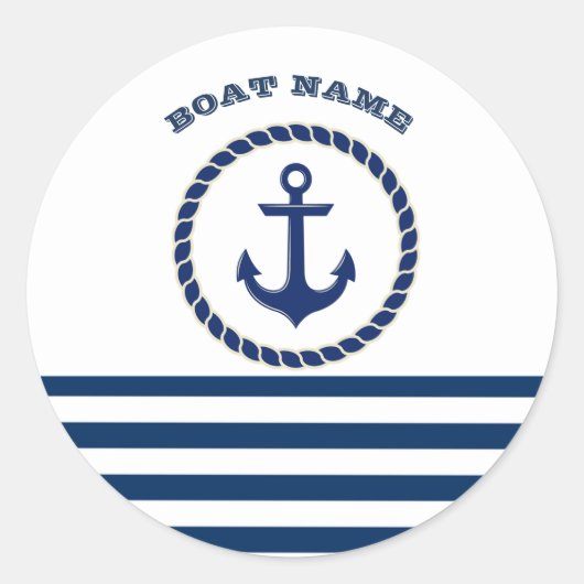 Nautical Boat Name,Anchor Navy Blue Striped Ronde Sticker (Voorkant)